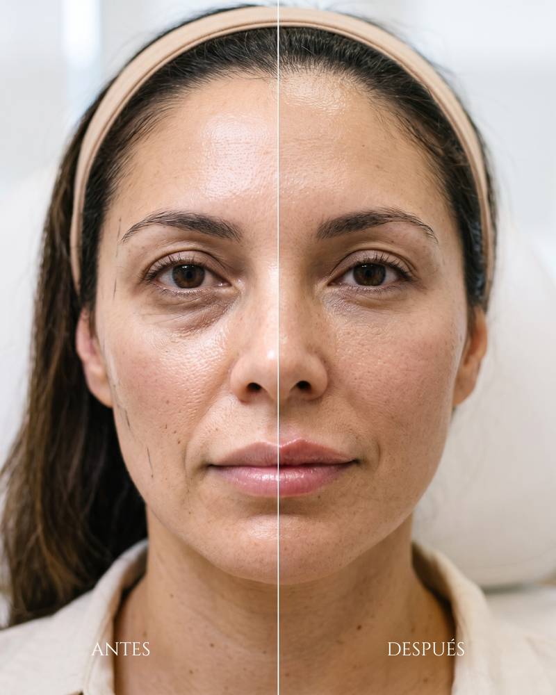 Foto de paciente de antes y despúes de tratamiento facial con ácido hialurónico